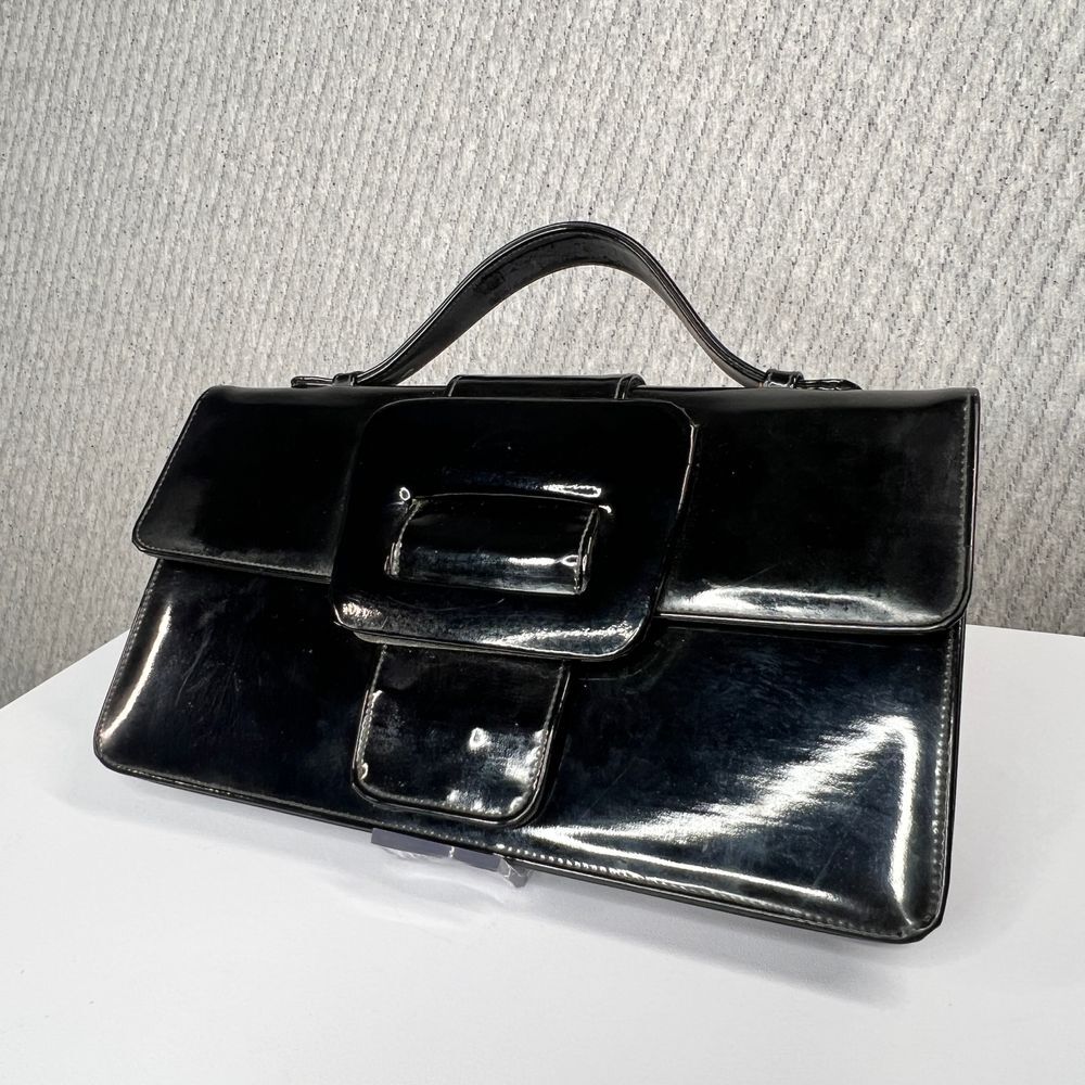 Vintage Black Patent Leather Handbag Top Handle‎ Purse Medium Mod Gia Chunky - Picture 2 of 6